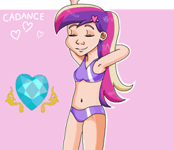 Size: 923x793 | Tagged: safe, artist:ocean lover, princess cadance, human, g4, alternate hairstyle, arm behind head, armpits, bare shoulders, belly, belly button, bikini, bikini babe, bikini top, clothes, eyes closed, female, hairpin, heart, humanized, light skin, midriff, ms paint, multicolored hair, name, pink background, ponytail, pose, purple bikini, purple swimsuit, simple background, smiling, solo, swimsuit, teen princess cadance, teenager, text, wet hair, young cadance, younger