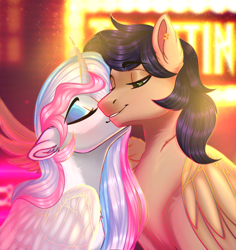 Size: 1100x1164 | Tagged: safe, artist:ondrea, oc, oc:blitz strafe, oc:pupcake, alicorn, pegasus, alicorn oc, blue eyeshadow, cheek kiss, couple, cute, duo, duo male and female, eyes closed, eyeshadow, female, horn, kissing, makeup, male, mare, pegasus oc, shipping, stallion, straight, wings