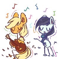 Size: 200x200 | Tagged: safe, artist:tieb5, applejack, coloratura, pony, g4, duo, duo female, female, guitar, music notes, musical instrument, rara, simple background, white background