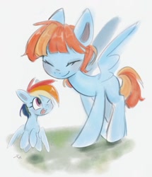 Size: 1066x1239 | Tagged: safe, artist:tieb5, rainbow dash, windy whistles, pony, g4, cute, dashabetes, duo, duo female, eyes closed, female, filly, filly rainbow dash, looking at someone, missing cutie mark, mother and child, mother and daughter, smiling, spread wings, wings, younger