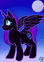 Size: 1754x2480 | Tagged: safe, artist:lionsilverwolf, oc, oc only, oc:nyx, alicorn, pony, fanfic:past sins, adolescent, alicorn oc, female, female oc, gradient background, horn, mare, mare oc, moon, older, older nyx, pawprint, solo, spread wings, teenager, wings