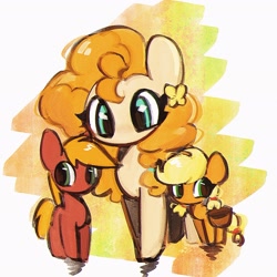 Size: 1771x1771 | Tagged: safe, artist:tieb5, applejack, big macintosh, pear butter, earth pony, pony, g4, abstract background, bag, colt, colt big macintosh, female, filly, filly applejack, flower, flower in hair, foal, full body, male, mare, mother and child, mother and daughter, mother and son, no mouth, no snout, pigtails, saddle bag, standing, trio, twintails, younger