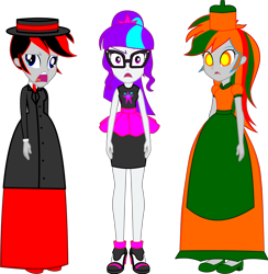 Size: 3466x3556 | Tagged: safe, artist:cartoonmasterv3, oc, oc only, oc:red arrow, oc:sparkle time, human, undead, zombie, equestria girls, g4, clothes, dress, edwardian, infected, long dress, long skirt, simple background, skirt, transparent background, trio