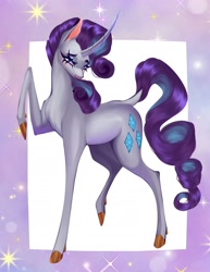 Size: 1700x2200 | Tagged: safe, artist:succulentusgirl, rarity, pony, unicorn, g4, cloven hooves, colored hooves, curved horn, female, gold hooves, hooves, horn, long horn, long legs, mare, raised hoof, raised leg, solo