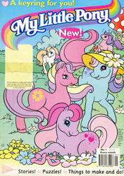 Size: 700x994 | Tagged: safe, official comic, redan, ivy, light heart, morning glory (g2), sundance (g2), sweet berry, earth pony, pony, g2, my little pony vol. 2, my little pony vol. 2 #1, barcode, building, comic cover, core four, cover, cover art, female, flower, grass, group, hat, lying down, mare, mushroom, my little pony logo, outdoors, prone, raised hoof, raised leg, smiling, starry eyes, tail, unshorn fetlocks, wingding eyes