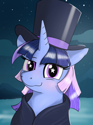 Size: 1849x2480 | Tagged: safe, artist:eels, oc, oc only, oc:flawless sparklemoon, pony, unicorn, my little pony the movie: the death of twilight sparkle, cloak, clothes, female, fusion, fusion:trixie, fusion:twilight sparkle, fusion:twixie, hat, horn, looking at you, mare, outdoors, smiling, solo, starry eyes, stars, top hat, wingding eyes