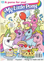 Size: 700x964 | Tagged: safe, official comic, redan, ivy, light heart, morning glory (g2), sundance (g2), sweet berry, earth pony, pony, g2, my little pony vol. 2, my little pony vol. 2 #2, balloon, barcode, birthday party, cake, comic cover, confetti, core four, cover, cover art, cup, drink, drinking, drinking straw, female, food, group, hat, mare, my little pony logo, open mouth, open smile, party, party hat, pie, raised hoof, smiling, starry eyes, streamers, tail, unshorn fetlocks, wingding eyes