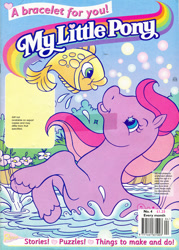 Size: 995x1389 | Tagged: safe, official comic, redan, sweet berry, earth pony, fish, pony, g2, my little pony vol. 2, my little pony vol. 2 #4, barcode, comic cover, cover, cover art, female, flower, grass, looking at each other, looking at someone, looking up, mare, my little pony logo, outdoors, partially submerged, smiling, splash, starry eyes, swimming, tail, unshorn fetlocks, water, wingding eyes