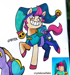 Size: 1080x1159 | Tagged: safe, artist:crystalsnowflakie, part of a set, earth pony, pony, box, brawl stars, brawler, chester, chester (brawl stars), hat, jester hat, jester outfit, male, ponified, smiling, stallion, supercell