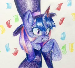 Size: 2473x2229 | Tagged: safe, artist:vaporub, oc, oc only, oc:flawless sparklemoon, pony, unicorn, my little pony the movie: the death of twilight sparkle, cape, clothes, confetti, female, fusion, fusion:trixie, fusion:twilight sparkle, fusion:twixie, hat, horn, looking at you, mare, solo, top hat