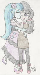 Size: 751x1400 | Tagged: safe, artist:bageloftime, octavia melody, sonata dusk, human, equestria girls, g4, alternate hairstyle, bowtie, cheek kiss, clothes, commission, cute, cuteness overload, daaaaaaaaaaaw, dress, duo, eyes closed, eyeshadow, female, flower, flower in hair, gala, gala dress, hairstyle swap, heartwarming, high heels, hug, kissing, lesbian, loose hair, makeup, one eye closed, open mouth, open smile, ponytail, ship:sontavia, shipping, shoes, smiling, sonatabetes, tavibetes, wholesome