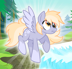 Size: 2234x2134 | Tagged: safe, artist:pastacrylic, derpy hooves, pegasus, pony, g4, alternate design, colored fetlocks, colored wings, colored wingtips, cute, derpabetes, outdoors, redesign, screencap background, scrunchy face, show accurate, two toned mane, wings