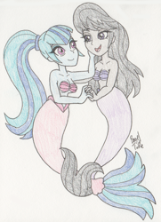 Size: 1012x1400 | Tagged: safe, artist:bageloftime, octavia melody, sonata dusk, mermaid, equestria girls, g4, bra, commission, cute, daaaaaaaaaaaw, duo, eyeshadow, female, hand on cheek, heartwarming, holding hands, lesbian, lidded eyes, looking at each other, looking at someone, makeup, mermaidized, open mouth, open smile, seashell, seashell bra, shipping, smiling, smiling at each other, sonatabetes, sontavia, species swap, tavibetes, wholesome