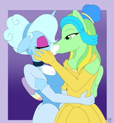 Size: 8160x8796 | Tagged: safe, artist:bageloftime, oc, oc only, oc:jemimasparkle, oc:thunder dancer, pony, anthro, beauty and the beast, belle, choker, cinderella, clothes, commission, cute, daaaaaaaaaaaw, dress, duo, ear piercing, earring, evening gloves, eyes closed, eyeshadow, female, gloves, gown, hair bun, hairband, hand on cheek, jewelry, kiss on the lips, kissing, lesbian, lidded eyes, long gloves, makeup, mare, oc x oc, ocbetes, passepartout, piercing, poofy shoulders, shipping