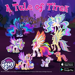 Size: 1080x1080 | Tagged: safe, gameloft, princess cadance, princess celestia, princess flurry heart, princess luna, princess skystar, scootaloo, sweetie belle, alicorn, pegasus, unicorn, g4, horn, implied lord tirek, older, older flurry heart, outdoors, rainbow power, rainbow power-ified