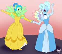 Size: 3857x3315 | Tagged: safe, artist:bageloftime, oc, oc only, oc:jemimasparkle, oc:thunder dancer, pony, anthro, ballroom, beauty and the beast, belle, breasts, busty oc, cinderella, clothes, commission, dancing, dancing together, dress, evening gloves, eyeshadow, female, gloves, gown, hair bun, hairband, holding hands, lesbian, lidded eyes, long gloves, looking at each other, looking at someone, makeup, mare, oc x oc, open mouth, open smile, poofy shoulders, shipping, smiling, smiling at each other, spread wings, wings