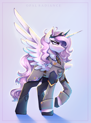 Size: 2229x3000 | Tagged: safe, artist:opal_radiance, oc, oc only, oc:iron glamour, alicorn, pony, gradient background, paratrooper, solo