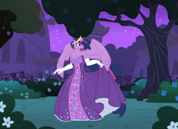 Size: 1280x931 | Tagged: safe, artist:mlp-headstrong, twilight sparkle, alicorn, anthro, g4, big breasts, breasts, busty twilight sparkle, canterlot gardens, clothes, crown, curtsey, cute, dress, evening gloves, female, gloves, gown, jewelry, long gloves, mare, older, older twilight, older twilight sparkle (alicorn), outdoors, princess twilight 2.0, regalia, smiling, solo, spread wings, twiabetes, twilight sparkle (alicorn), wings