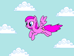 Size: 960x720 | Tagged: safe, artist:lonstecation, oc, oc only, oc:highlight harmony, pegasus, pony, g4, cloud, female, flying, mare, microphone, music, outdoors, sky background, solo, stars, wings