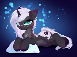 Size: 4248x3163 | Tagged: safe, artist:empress-twilight, oc, oc only, oc:penumbra shard, pony, unicorn, amulet, belly, blushing, chaos star, cheek fluff, chest fluff, commission, commissioner:sfaccountant, ear fluff, eye clipping through hair, eyebrows, eyebrows visible through hair, fangs, female, glasses, gradient background, horn, jewelry, looking at you, lying down, mare, necklace, pillow, smiling, smiling at you, solo, sparkles, tail, unicorn oc, ych result