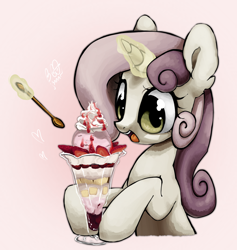 Size: 2028x2140 | Tagged: safe, artist:brainr0tter, sweetie belle, pony, unicorn, g4, chocolate, cute, diasweetes, excited, food, fruit, glass, gradient background, herbivore, horn, ice cream, magic, parfait, smiling, solo, spoon, strawberry, telekinesis, whipped cream