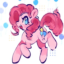 Size: 1200x1200 | Tagged: safe, artist:puppsicle, pinkie pie, earth pony, pony, g4, abstract background, doodle, female, mare, open mouth, open smile, raised hoof, smiling, solo, standing on two hooves, teeth