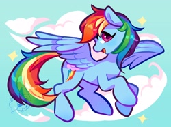 Size: 3040x2266 | Tagged: safe, artist:puppsicle, rainbow dash, pegasus, pony, g4, abstract background, cel shading, cloud, cyan background, digital art, female, flying, full body, mare, multicolored hair, open mouth, outdoors, rainbow hair, shading, solo, spread wings, wings