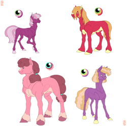 Size: 3680x3656 | Tagged: safe, artist:anelaponela, big macintosh, cheerilee, oc, oc:strawberry parfait, oc:winesap, earth pony, g4, beard, facial hair, female, male, offspring, parent:big macintosh, parent:cheerilee, parents:cheerimac, redesign, shipping, simple background, straight, travelersverse, white background