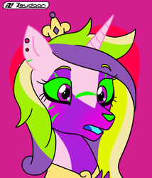 Size: 2400x2800 | Tagged: safe, artist:zeydaan, princess cadance, oc, oc:vivian, alicorn, pony, g4, bust, crown, ear piercing, earring, female, furry, furry oc, furry to pony, jewelry, mare, mid-transformation, open mouth, piercing, pink background, portrait, regalia, simple background, solo, transformation