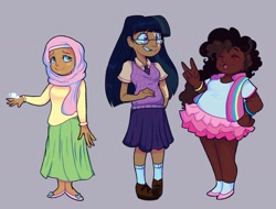 Size: 1604x1219 | Tagged: safe, artist:kreeeeeez, fluttershy, pinkie pie, twilight sparkle, butterfly, human, g4, chubby, clothes, commission, commissioner:prixy05, dark skin, dress, female, glasses, gray background, headscarf, hijab, humanized, moderate dark skin, scarf, shoes, simple background, skirt, sweater vest, trio, trio female