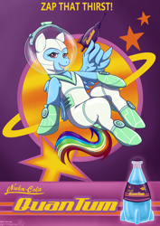 Size: 2480x3508 | Tagged: safe, artist:uniomie, rainbow dash, pegasus, pony, fallout equestria, g4, clothes, costume, fallout, halloween, halloween costume, nightmare night, nightmare night costume, nuka cola, nuka cola quantum, pinup, solo, space, space helmet, spacesuit