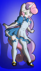 Size: 669x1162 | Tagged: safe, artist:theburningdonut, sweetie belle, unicorn, anthro, plantigrade anthro, g4, alice in wonderland, bow, chromatic aberration, clothes, colored background, cosplay, costume, curly hair, curly tail, dress, eyelashes, female, gradient background, green eyes, hair over one eye, horn, open mouth, pose, shoes, skirt, smiling, socks, solo, tail, thigh highs, thigh socks, thighs, two toned hair, two toned tail, unicorn horn, white coat