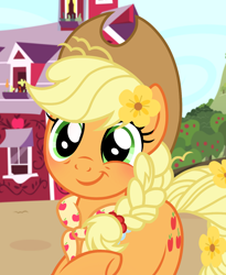 Size: 1080x1317 | Tagged: safe, artist:cstrawberrymilk, applejack, earth pony, pony, g4, alternate hairstyle, alternate tailstyle, apple orchard, barn, blue sky, blushing, braid, braided ponytail, braided tail, clothes, cowboy hat, cute, eyelashes, female, flower, flower in hair, flower in tail, granny smith's shawl, hat, jackabetes, mare, missing freckles, older, orchard, outdoors, ponytail, raised hoof, scarf, shawl, show accurate, smiling, solo, stetson, sweet apple acres, sweet apple acres barn, tail, tied mane