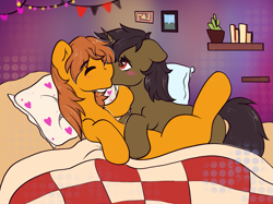 Size: 2189x1640 | Tagged: safe, artist:kristina, oc, oc only, oc:zip circuit, earth pony, pony, unicorn, commission, community related, couple, duo, duo male, gay, horn, kissing, male, oc x oc, shipping, ych result