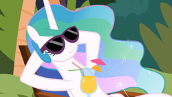 Size: 1920x1080 | Tagged: safe, artist:forgalorga, princess celestia, alicorn, pony, g4, concave belly, deal with it, juice, off model, princess celestia loves to help, relaxed, relaxing, slender, straw, sunglasses, thin, umbrella