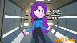 Size: 1476x830 | Tagged: safe, artist:robertsonskywa1, pipp petals, human, equestria girls, g4, g5, clothes, corridor, crossover, equestria girls-ified, eyelashes, female, g5 to equestria girls, g5 to g4, generation leap, holodeck, jumpsuit, photo, skinny pipp, solo, star trek, star trek: starscout, text, uniform