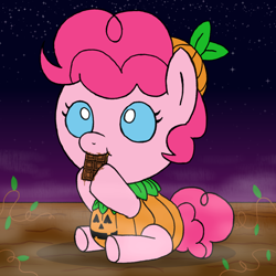 Size: 3000x3000 | Tagged: safe, artist:legendoflink, pinkie pie, earth pony, pony, g4, baby, baby pie, chocolate, clothes, costume, cute, daaaaaaaaaaaw, diapinkes, female, filly, filly pinkie pie, foal, food, pinktober, pumpkin, solo, weapons-grade cute, younger