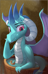 Size: 2400x3697 | Tagged: safe, artist:auroriia, princess ember, dragon, g4, bath, bucket, dragoness, female, high res, rain, rubber duck, solo, water