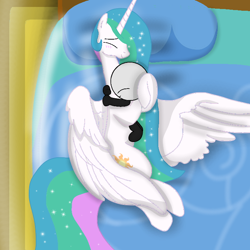 Size: 720x720 | Tagged: safe, artist:cooperthedoodlian, princess celestia, alicorn, humanoid, pony, g4, bed, cooper doodlian, cooper doodlian is trying to murder us, cuddling, cuddling in bed, cute, cutelestia, duo, duo male and female, ethereal mane, female, hug, in bed, indoors, male, mare, momlestia, momlestia fuel, show accurate, snuggling, sparkles, spread wings, wings