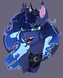 Size: 2626x3271 | Tagged: safe, artist:millman;, princess luna, alicorn, bat pony, g4, bat ears, bat ponified, bust, circle background, crown, curved horn, ear tufts, fangs, gray background, halloween, holiday, horn, jewelry, looking at you, open mouth, peytral, portrait, race swap, regalia, simple background, slit pupils, solo, spider web pattern