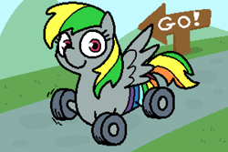 Size: 600x400 | Tagged: safe, artist:sp, derpibooru exclusive, oc, oc only, oc:wheely bopper, original species, pegasus, pony, wheelpone, banned from equestria daily, g4, female, looking at you, loss (meme), mare, pokehidden style, sign, smiling, solo, style emulation, waving, waving at you, wheel