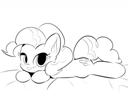 Size: 1440x1080 | Tagged: safe, artist:moppyshine, pinkie pie, earth pony, pony, g4, blushing, female, looking at you, lying down, monochrome, simple background, solo, tongue out, white background