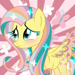 Size: 1080x1080 | Tagged: artist needed, safe, fluttershy, g4, rainbow power, rainbow power-ified, solo, sunburst background