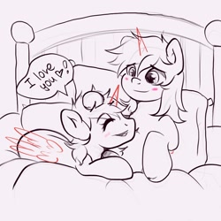 Size: 1280x1280 | Tagged: safe, artist:kristina, oc, oc only, alicorn, earth pony, pegasus, pony, unicorn, bed, commission, community related, couple, cute, duo, horn, love, pillow, ych example, ych sketch, your character here