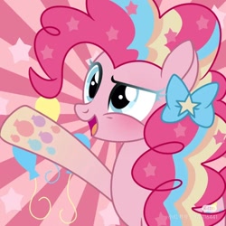 Size: 1080x1080 | Tagged: artist needed, safe, pinkie pie, g4, rainbow power, rainbow power-ified, solo, sunburst background