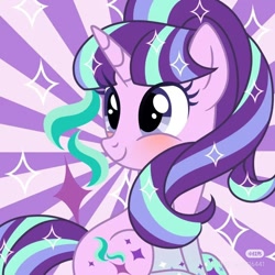 Size: 1080x1080 | Tagged: artist needed, safe, starlight glimmer, g4, blushing, rainbow power, rainbow power-ified, solo, sunburst background