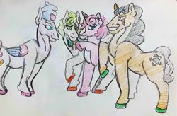 Size: 1838x1207 | Tagged: safe, artist:midday sun, oc, oc only, oc:coral bubble, oc:flowerbed, oc:gentle shadow, oc:orangebell, earth pony, pegasus, pony, unicorn, harem, horn, traditional art