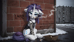 Size: 3840x2160 | Tagged: safe, ai assisted, ai content, generator:pony diffusion v6 xl, generator:stable diffusion, prompter:midnight_dashie, prompter:ramprover, rarity, unicorn, g4, alternate hairstyle, brick wall, chest fluff, cigarette, cyrillic, ear fluff, floppy ears, gangster, gopnik, graffiti, horn, lidded eyes, looking at you, outdoors, rain, russia, russian, sitting, smoking, smug, snow, tattoo