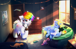 Size: 6169x4000 | Tagged: safe, artist:empress-twilight, oc, oc only, oc:domino, oc:marcus, oc:spectral rush, earth pony, pegasus, pony, brothers, camera, commission, crepuscular rays, cute, female, foal, indoors, male, mother and child, multicolored hair, not rainbow dash, parent:oc:spectrul rush, pegasus oc, picture frame, rainbow hair, siblings, toy, trio, window, wings, ych result