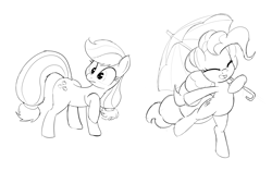 Size: 1824x1142 | Tagged: safe, artist:calmbreezes, applejack, pinkie pie, earth pony, pony, g4, bipedal, duo, duo female, eyes closed, female, mare, sketch, umbrella